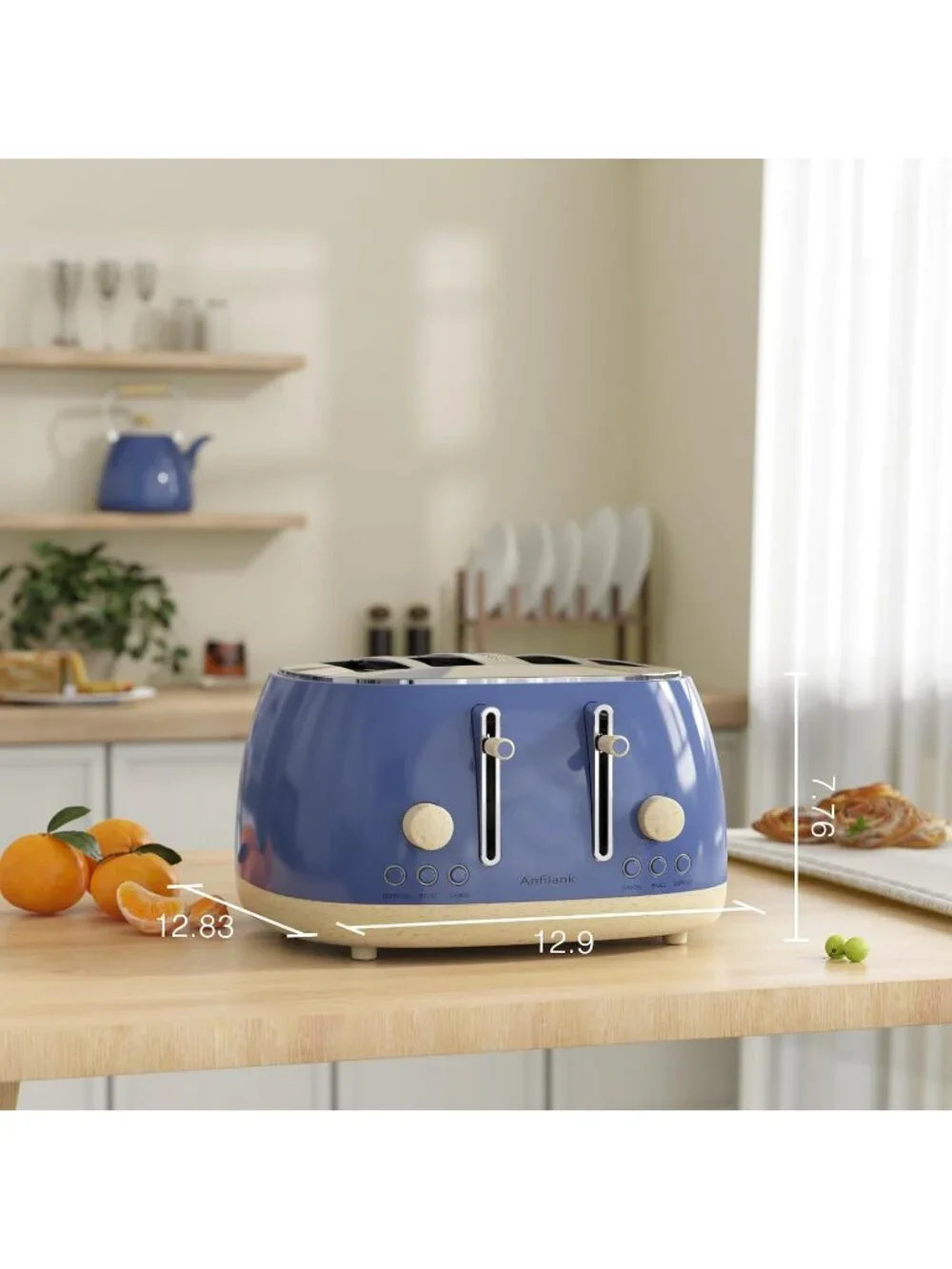 4 Slice Sapphire Blue Retro Stainless Steel Extra Wide Slots Cancel Toaster